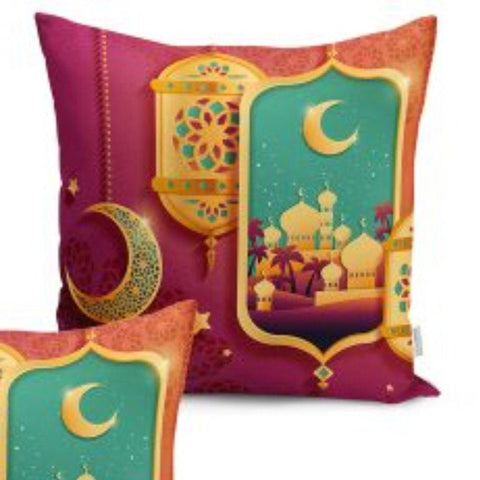 Set of 4 Islamic Pillow Covers and 1 Table Runner|Religious Home Decor|Ramadan Lantern with Crescent Tablecloth and Cushion|Gift for Muslims
