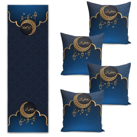Set of 4 Ramadan Pillow Covers and 1 Table Runner|Crescent and Lantern Home Decor|Religious Motif Tablecloth and Cushion|Gift for Muslims