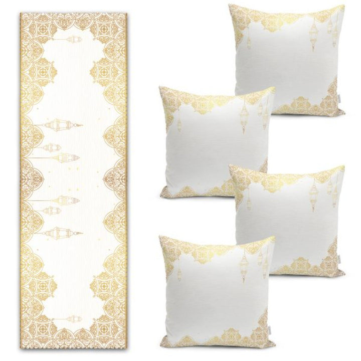 Set of 4 Islamic Motif Pillow Covers and 1 Table Runner|Gold White Ramadan Decor|Religious Tablecloth and Cushion Cover Set|Gift for Muslims