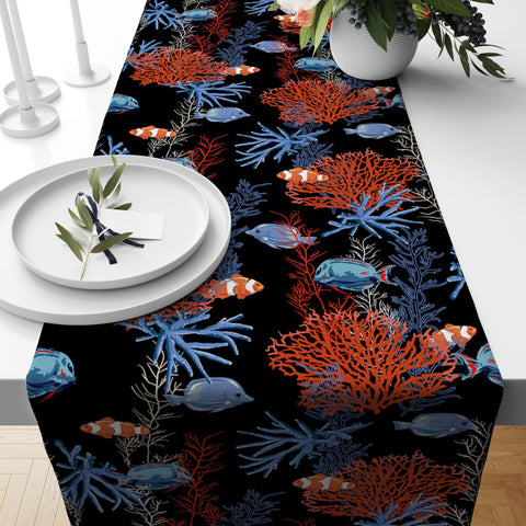 Beach House Table Runner|Fish Kitchen Decor|Decorative Coral Table Top|Striped Shark Home Decor|Starfish Print Tablecloth|Coastal Runner