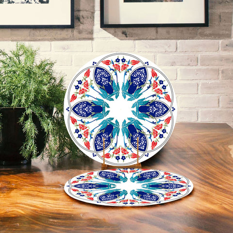 Set of 2 Tulip Placemat|Tulip Tile Pattern Table Decor|Summer Trend Supla Table Mat|Geometric Floral Round Dining Underplate and Coaster Set