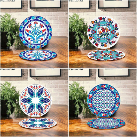 Set of 2 Tulip Placemat|Tulip Tile Pattern Table Decor|Summer Trend Supla Table Mat|Geometric Floral Round Dining Underplate and Coaster Set