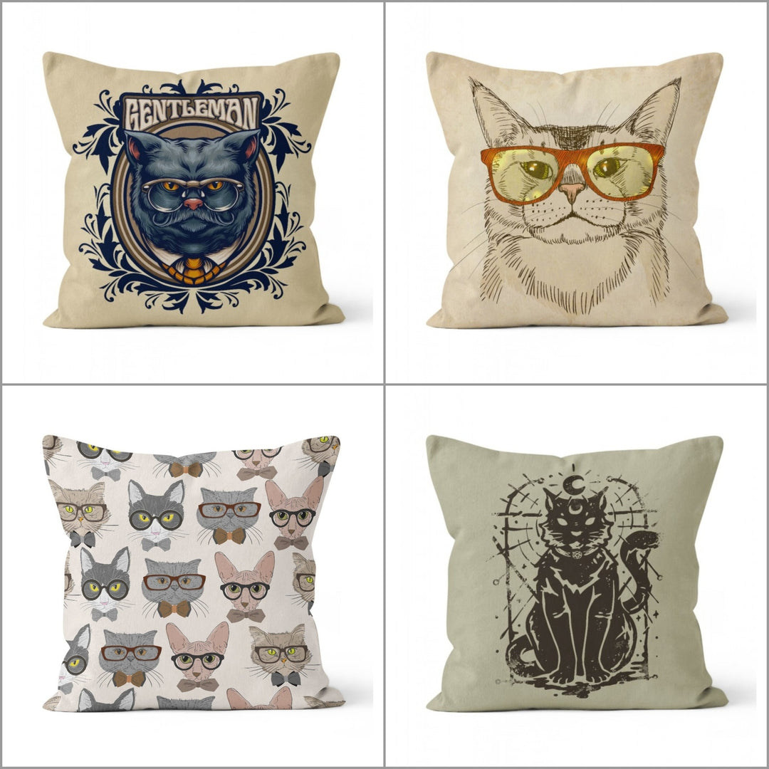 Cat Pillow Cover|Gentleman and Black Cat Print Outdoor Cushion Case|Cats with Glasses Home Decor|Decorative Animal Print Throw Pillow Cover