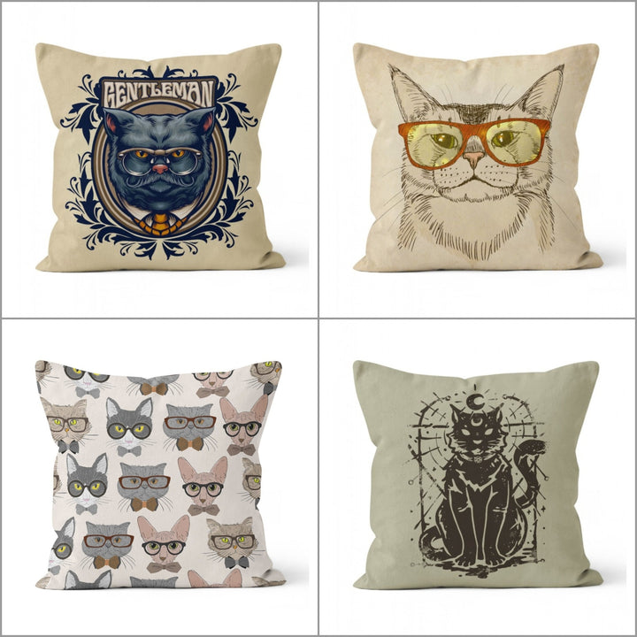 Cat Pillow Cover|Gentleman and Black Cat Print Outdoor Cushion Case|Cats with Glasses Home Decor|Decorative Animal Print Throw Pillow Cover