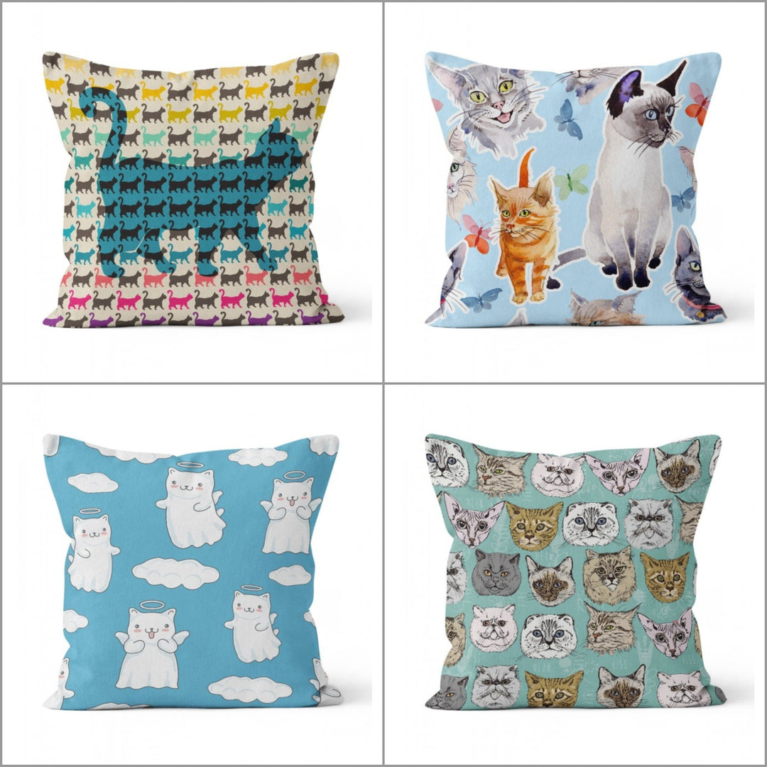 Cat Pattern Pillow Cover|Ghost Cat Print Outdoor Cushion Case|Cute Cats and Butterflies Home Decor|Decorative Animal Throw Pillow Cover
