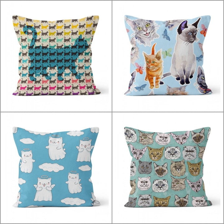 Cat Pattern Pillow Cover|Ghost Cat Print Outdoor Cushion Case|Cute Cats and Butterflies Home Decor|Decorative Animal Throw Pillow Cover