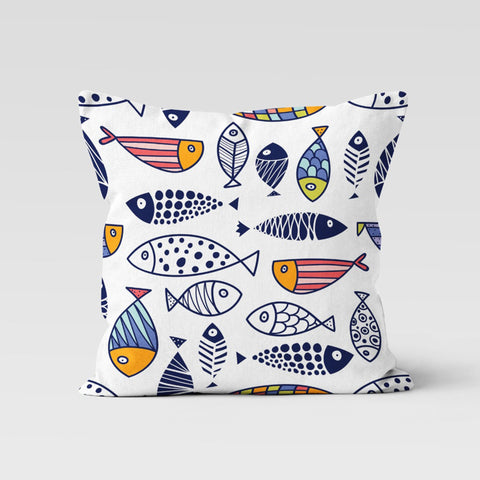 Beach House Pillow Case|Blue Red Fish Drawing Pillowcase|Jellyfish and Starfish Throw Pillow|Coastal Home Decor|Navy Marine Cushion Cover