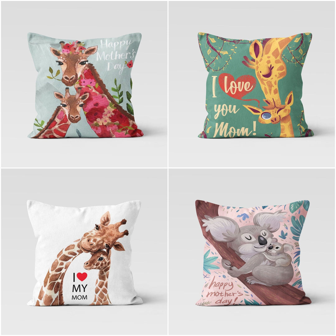 Happy Mother's Day Pillow Cover|I Love You Mom Cushion|Female Giraffe and Daughter Pillow with Red Heart|Koala Mom Cushion|Gift for Mother