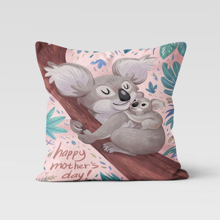 Happy Mother's Day Pillow Cover|I Love You Mom Cushion|Female Giraffe and Daughter Pillow with Red Heart|Koala Mom Cushion|Gift for Mother