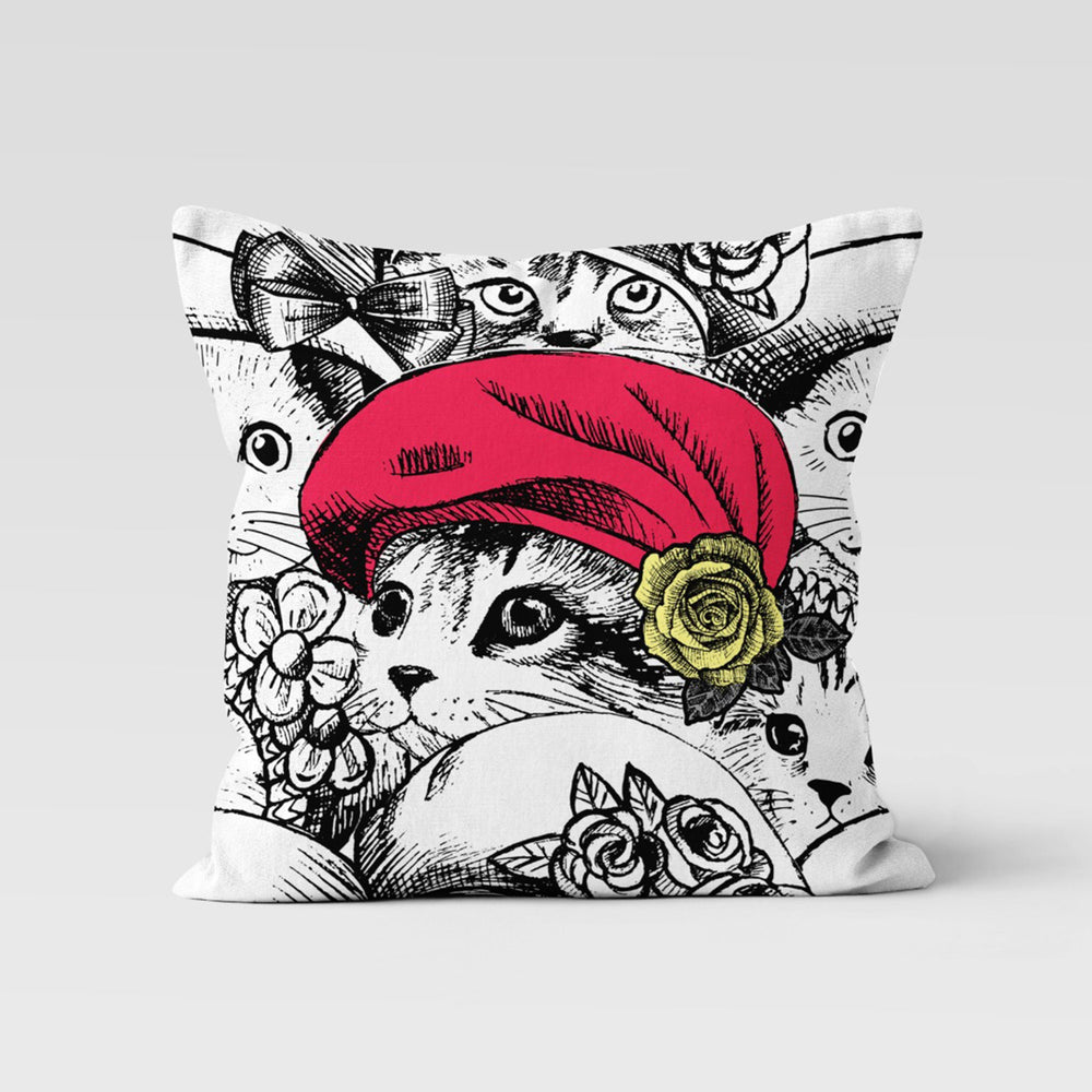 Cute Cat Pillow Cover|Cat with Red Hat Cushion Case|Farmhouse Style Throw Pillow Cover|Boho Bedding Decor|Animal Print Outdoor Pillowcase