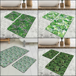 Set of 2 Green Leaves Bath Mat|Non-Slip Bathroom Decor|Tropical Bath Rug|Rectangle Kitchen Floor Mat|Absorbent Shower, Home Entrance Carpet