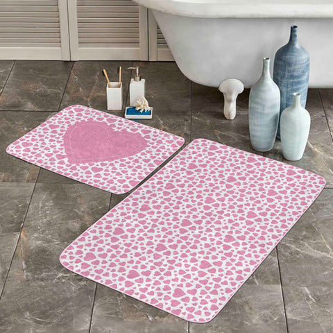 Set of 2 Valentine Bath Mat|Love Heart Bath Rug|Non-Slip Bathroom Decor|Rectangle Kitchen Floor Mat|Absorbent Shower, Home Entrance Carpet