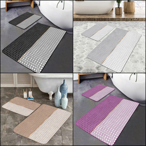 Set of 2 Geometric Bath Mat|Non-Slip Bathroom Decor|Decorative Bath Rug|Ogee Design Kitchen Floor Mat|Rectangle Shower, Home Entrance Carpet