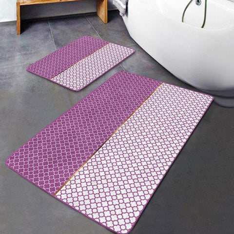 Set of 2 Geometric Bath Mat|Non-Slip Bathroom Decor|Decorative Bath Rug|Ogee Design Kitchen Floor Mat|Rectangle Shower, Home Entrance Carpet