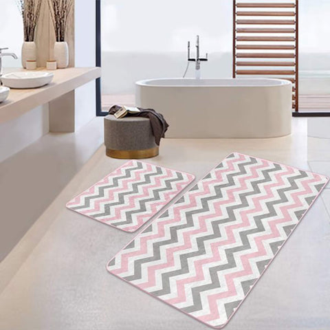 Set of 2 Zigzag Bath Mat|Non-Slip Bathroom Decor|Decorative Bath Rug|Geometric Kitchen Floor Mat|Rectangle Shower and Home Entrance Carpet