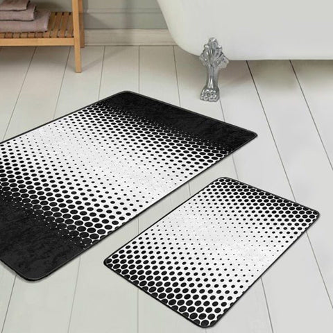 Set of 2 Geometric Bath Mat|Non-Slip Bathroom Decor|Black White Bath Rug|Decorative Kitchen Floor Mat|Rectangle Shower, Home Entrance Carpet