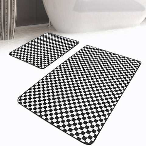 Set of 2 Geometric Bath Mat|Non-Slip Bathroom Decor|Black White Bath Rug|Decorative Kitchen Floor Mat|Rectangle Shower, Home Entrance Carpet