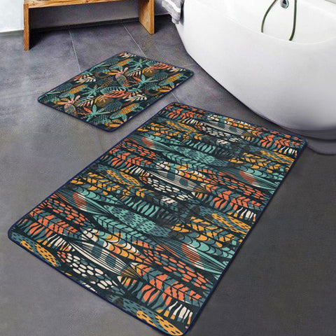 Set of 2 Abstract Leaves Bath Mat|Non-Slip Bathroom Decor|Tropical Bath Rug|Rectangle Kitchen Floor Mat|Decorative Shower Entrance Carpet