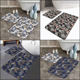 Set of 2 Tropical Leaves Bath Mat|Non-Slip Bathroom Decor|Blue Gold Bath Rug|Rectangle Kitchen Floor Mat|Decorative Shower Entrance Carpet