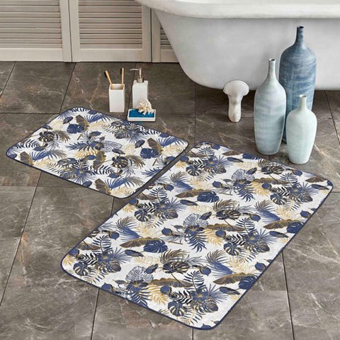 Set of 2 Tropical Leaves Bath Mat|Non-Slip Bathroom Decor|Blue Gold Bath Rug|Rectangle Kitchen Floor Mat|Decorative Shower Entrance Carpet