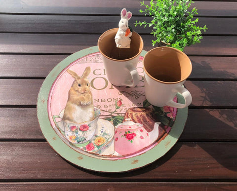 Board For Easter|Hand Painted Round Wooden Tray|Easter Bunny Tray|Custom Serving Board|Presentation Plate|Original Home Decor Gift For Mom