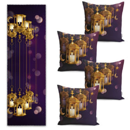Set of 4 Islamic Pillow Covers and 1 Table Runner|Ramadan Kareem Decor|Purple Gold Ramadan Lantern Tablecloth and Cushion|Gift for Muslims