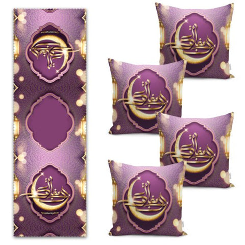 Set of 4 Islamic Pillow Covers and 1 Table Runner|Ramadan Kareem Decor|Purple Gold Crescent Printed Tablecloth and Cushion|Gift for Muslims