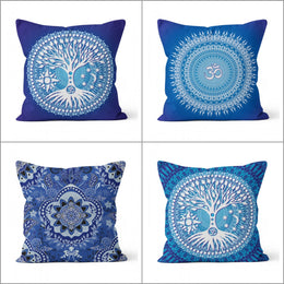 Mandala Pillow Cover|Geometric Life Tree Cushion Case|Decorative Blue Mandala Pillowcase|Rustic Home Decor|Farmhouse Style Authentic Cushion
