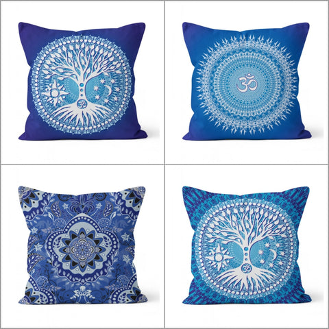 Mandala Pillow Cover|Geometric Life Tree Cushion Case|Decorative Blue Mandala Pillowcase|Rustic Home Decor|Farmhouse Style Authentic Cushion