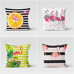 Flamingo Pillow Cover|Flamingo on Nordic and Lemon Pattern Cushion Case|Decorative Striped Animal Print Throw Pillow Case|Floral Home Decor