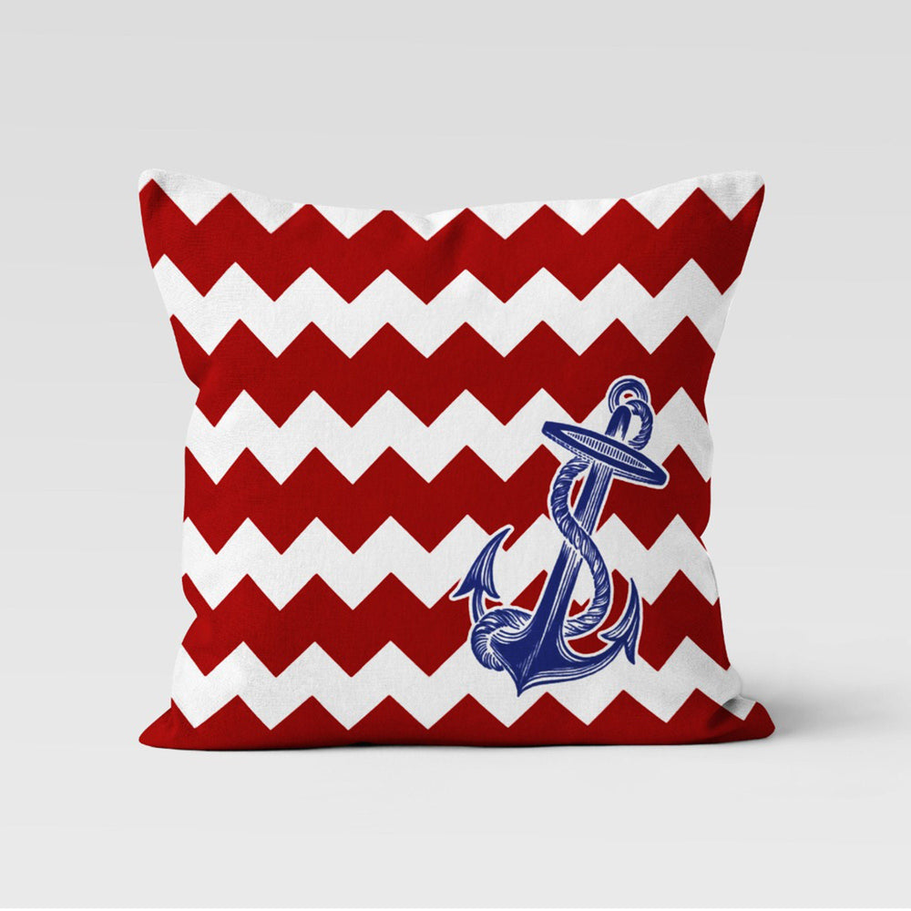 Nautical Pillow Case|Decorative Anchor Cushion Cover|Geometric Navy Marine Pillowcase|Beach House Decor|Blue and Red Coastal Throw Pillow