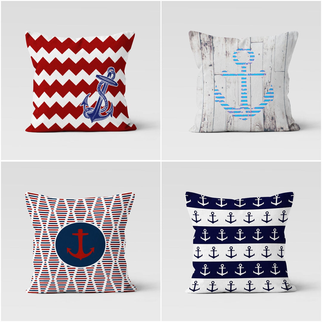 Nautical Pillow Case|Decorative Anchor Cushion Cover|Geometric Navy Marine Pillowcase|Beach House Decor|Blue and Red Coastal Throw Pillow