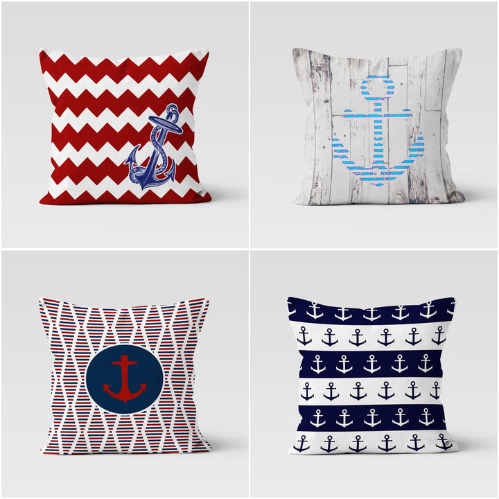 Nautical Pillow Case|Decorative Anchor Cushion Cover|Geometric Navy Marine Pillowcase|Beach House Decor|Blue and Red Coastal Throw Pillow