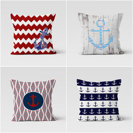 Nautical Pillow Case|Decorative Anchor Cushion Cover|Geometric Navy Marine Pillowcase|Beach House Decor|Blue and Red Coastal Throw Pillow