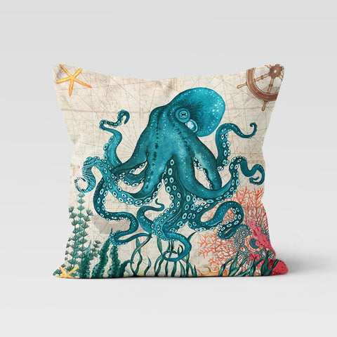 Whale Pillow Case|Beach House Cushion|Navy Marine Cushion Cover|Turquoise Beige Nautical Decor|Coastal Throw Pillow|Octopus and Coral Decor