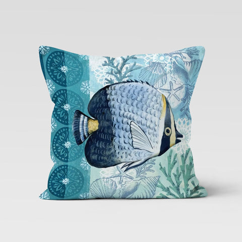 Beach House Pillow Case|Navy Marine Cushion Cover|Turquoise White Nautical Decor|Fish Throw Pillow|Lobster Print Home Decor|Porch Pillowcase