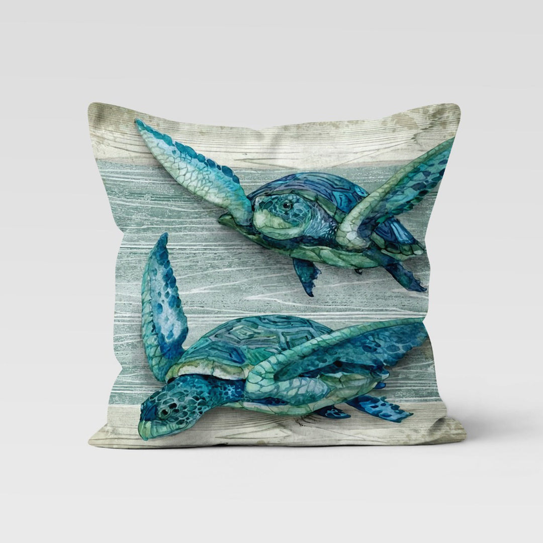 Sea Turtle Pillow Case|Navy Marine Cushion Cover|Beach House Nautical Decor|Sea Turtle Throw Pillow|Blue Turquoise Beige Porch Pillowcase
