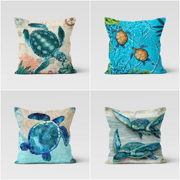 Sea Turtle Pillow Case|Navy Marine Cushion Cover|Beach House Nautical Decor|Sea Turtle Throw Pillow|Blue Turquoise Beige Porch Pillowcase