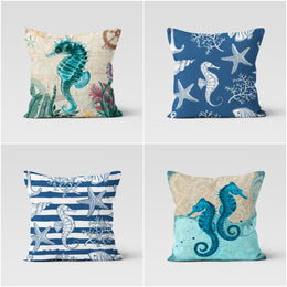 Seahorse Pillow Case|Beach House Cushion Cover|Turquoise Nautical Decor|Striped Starfish Throw Pillow|Blue White Home Decor|Porch Pillowcase