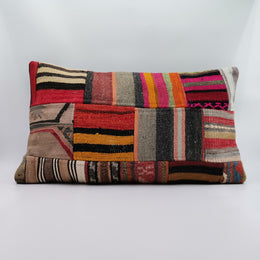 Vintage Kilim Pillow Cover|Handwoven Patchwork Rug Cushion|Ottoman Kilim Decor|Antique Farmhouse Lumbar Pillow Top|Boho Bedding Decor 16x24