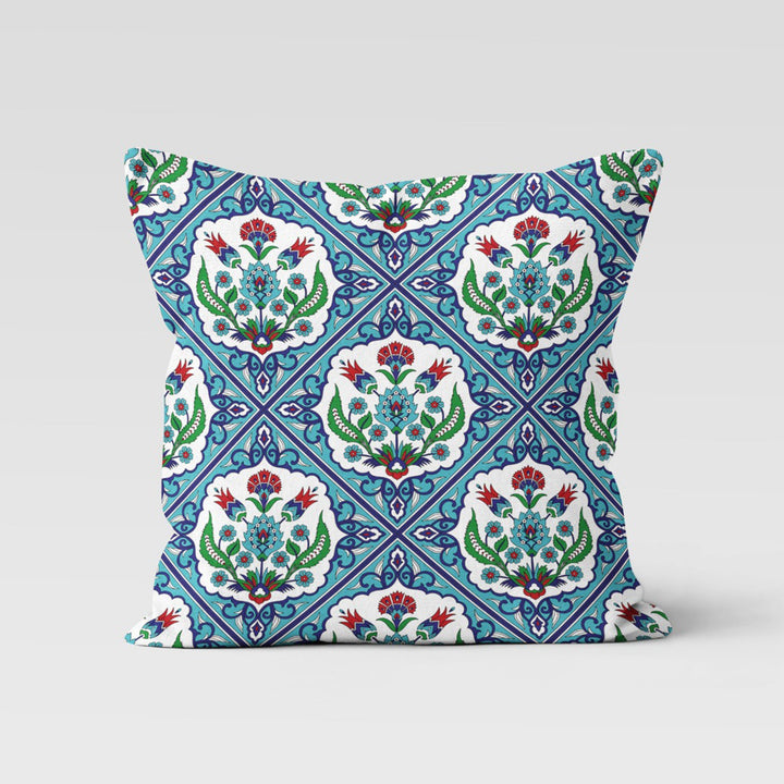 Tulip Pillow Case|Decorative Turkish Tulip Tile Pattern Pillow Top|Geometric Floral Home Decor|Summer Trend Cushion|Boho Bedding Pillowcase