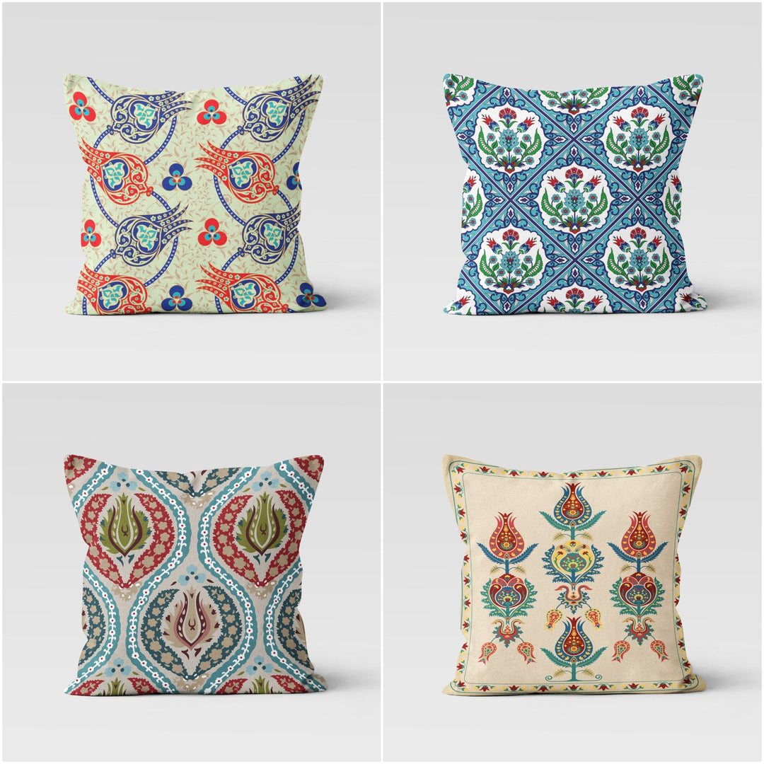 Tulip Pillow Case|Decorative Turkish Tulip Tile Pattern Pillow Top|Geometric Floral Home Decor|Summer Trend Cushion|Boho Bedding Pillowcase