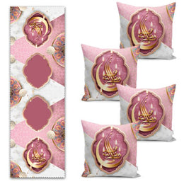 Set of 4 Islamic Pillow Covers and 1 Table Runner|Ramadan Kareem Decor|Pink Gold Crescent Printed Tablecloth and Cushion|Gift for Muslims