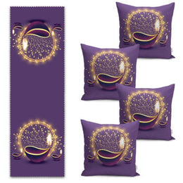 Set of 4 Islamic Pillow Covers and 1 Table Runner|Ramadan Kareem Decor|Purple Gold Ramadan Candle Bowl Tabletop and Cushion|Gift for Muslim