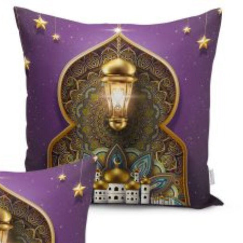 Set of 4 Islamic Pillow Covers and 1 Table Runner|Ramadan Kareem Decor|Purple Gold Ramadan Lantern Table Runner and Cushion|Gift for Muslims