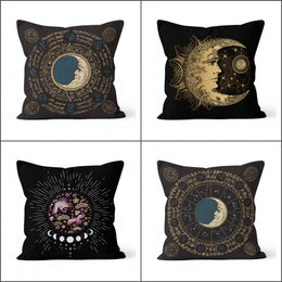 Grandpa Moon Pillow Cover|Occultism and Zodiac Print Cushion Case|Black Gold Crescent Time Decor|Decorative Phases of the Moon Cushion Cover