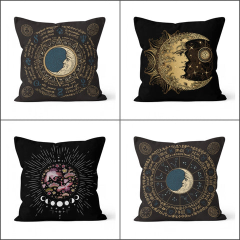 Grandpa Moon Pillow Cover|Occultism and Zodiac Print Cushion Case|Black Gold Crescent Time Decor|Decorative Phases of the Moon Cushion Cover