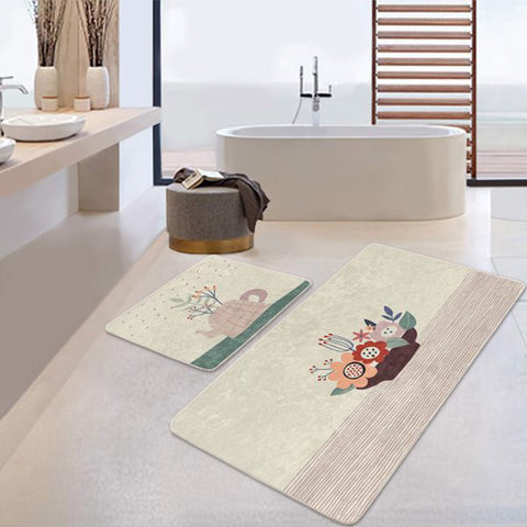 Set of 2 Abstract Floral Bath Mat|Non-Slip Bathroom Decor|Decorative Bath Rug|Apple and Pear Floor Mat|Rectangle Shower Home Entrance Rug