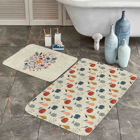 Set of 2 Abstract Floral Bath Mat|Non-Slip Bathroom Decor|Decorative Bath Rug|Apple and Pear Floor Mat|Rectangle Shower Home Entrance Rug