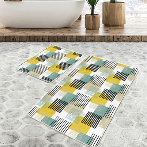 Set of 2 Abstract Bath Mat|Non-Slip Bathroom Decor|Decorative Bath Rug|Geometric Kitchen Floor Mat|Rectangle Shower and Home Entrance Carpet
